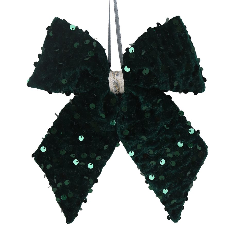 ORN FABRIC BOW 6" DARK GREEN W/SEQUINS