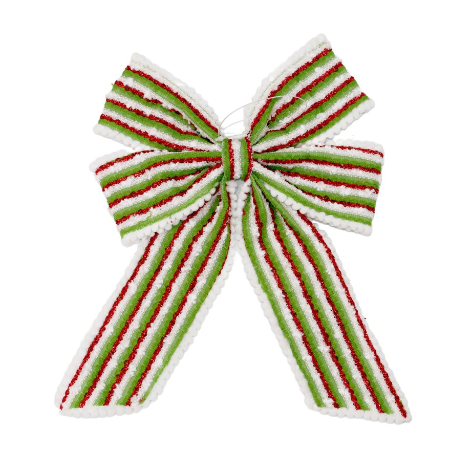 BOW VELVET RED/WHITE/GREEN 9" FUR STRIPES W/ TENSIL