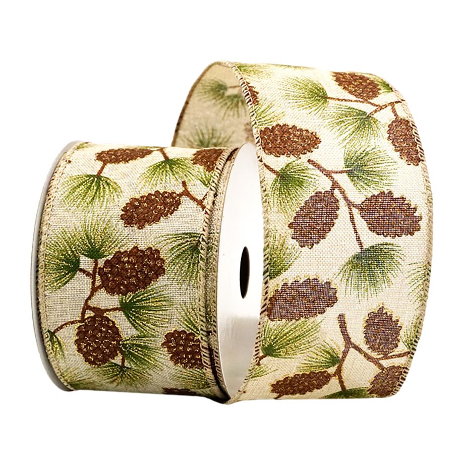 WIRED RIBBON 2.5"X10 YDS. NATURAL W/ BROWN PINE CONE