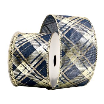 WIRED RIBBON 2.5"X10 YDS. NAVY/GOLD METALLIC PLAID