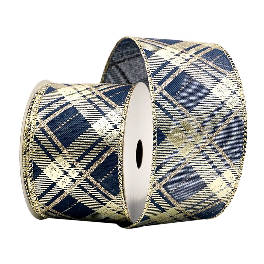 WIRED RIBBON 2.5"X10 YDS. NAVY/GOLD METALLIC PLAID