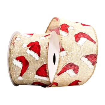 WIRED RIBBON 2.5"X10 YDS. NATURAL W/ RED SANTA HAT