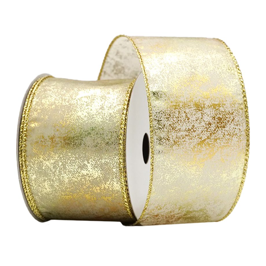 WIRED RIBBON 2.5"X10 YDS. CREAM/GOLD METALLIC SHIMMER