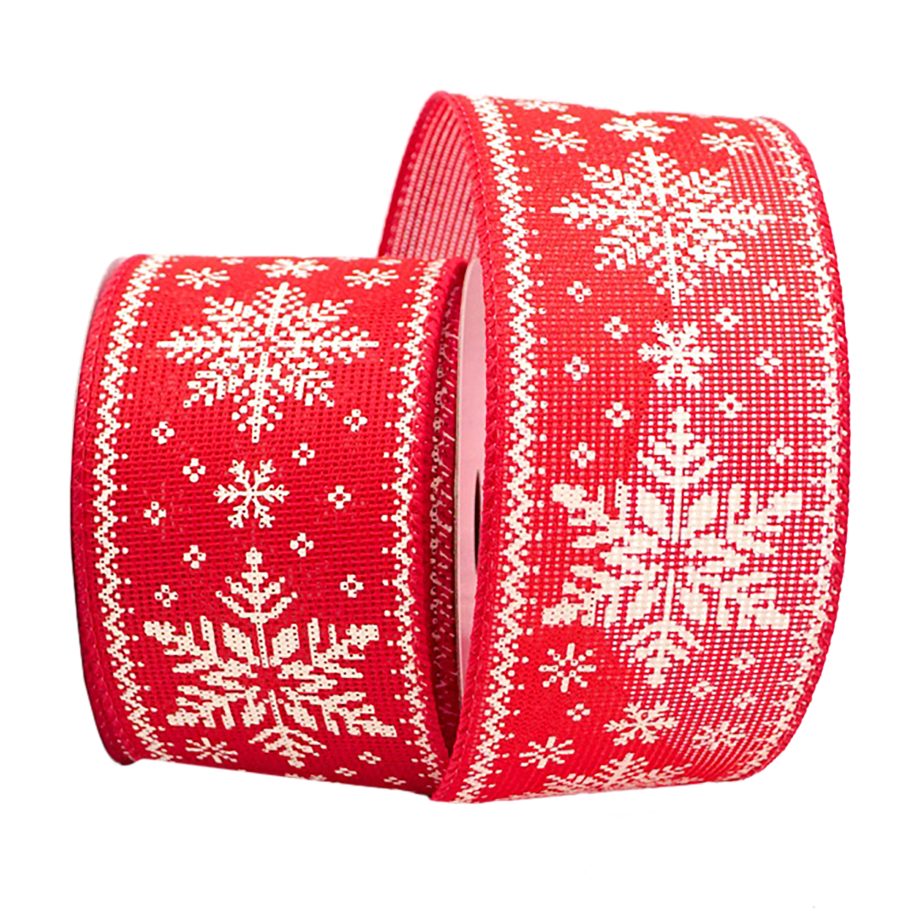 WIRED RIBBON 2.5"X10 YDS. RED W/ WHITE EMBRIODERED SNOWFLAKES