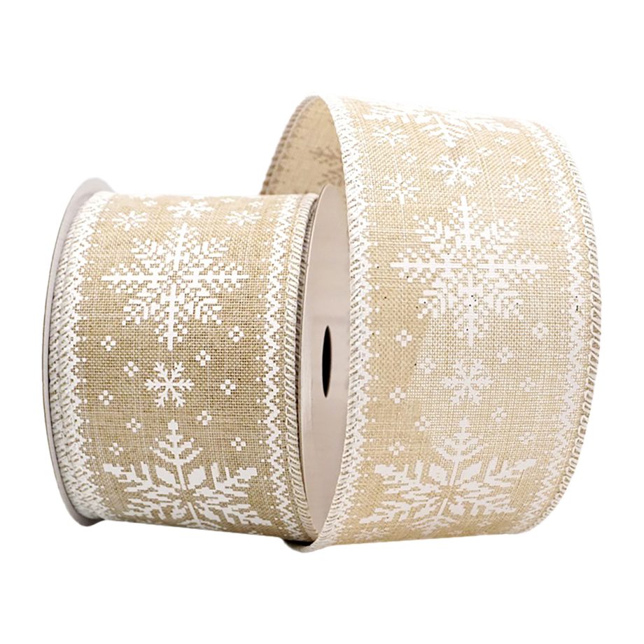 WIRED RIBBON 2.5"X10 YDS. BURLAP W/ WHITE EMBRIODERED SNOWFLAKES