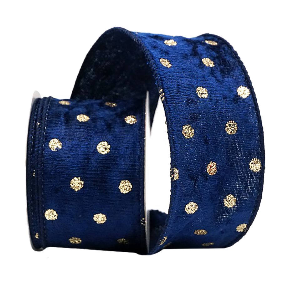WIRED RIBBON 2.5"X10 YDS. DARK BLUE W/ GOLD GLITTER DOTS