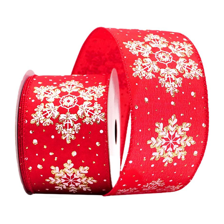 WIRED RIBBON 2.5"X10 YDS. RED W/ WHITE SNOWFLAKES