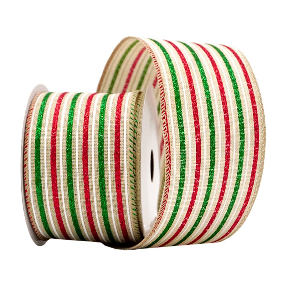 WIRED RIBBON 2.5"X10 YDS. NATURAL W/ RED/GREEN GLITTER STRIPES