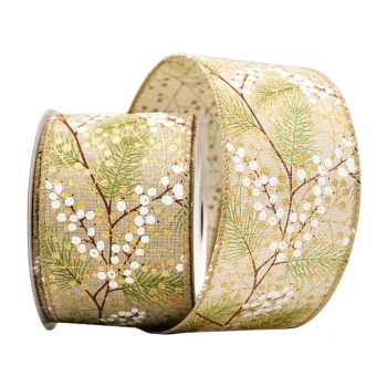 WIRED RIBBON 2.5"X10 YDS. NATURAL W/ GREEN PINE NEEDLES & GOLD/WHITE BERRIES
