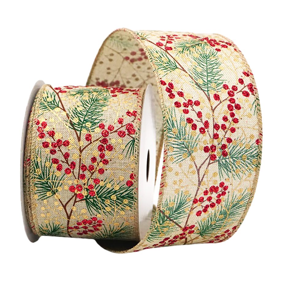 WIRED RIBBON 2.5"X10 YDS. NATURAL W/ GREEN PINE NEEDLES & RED BERRIES