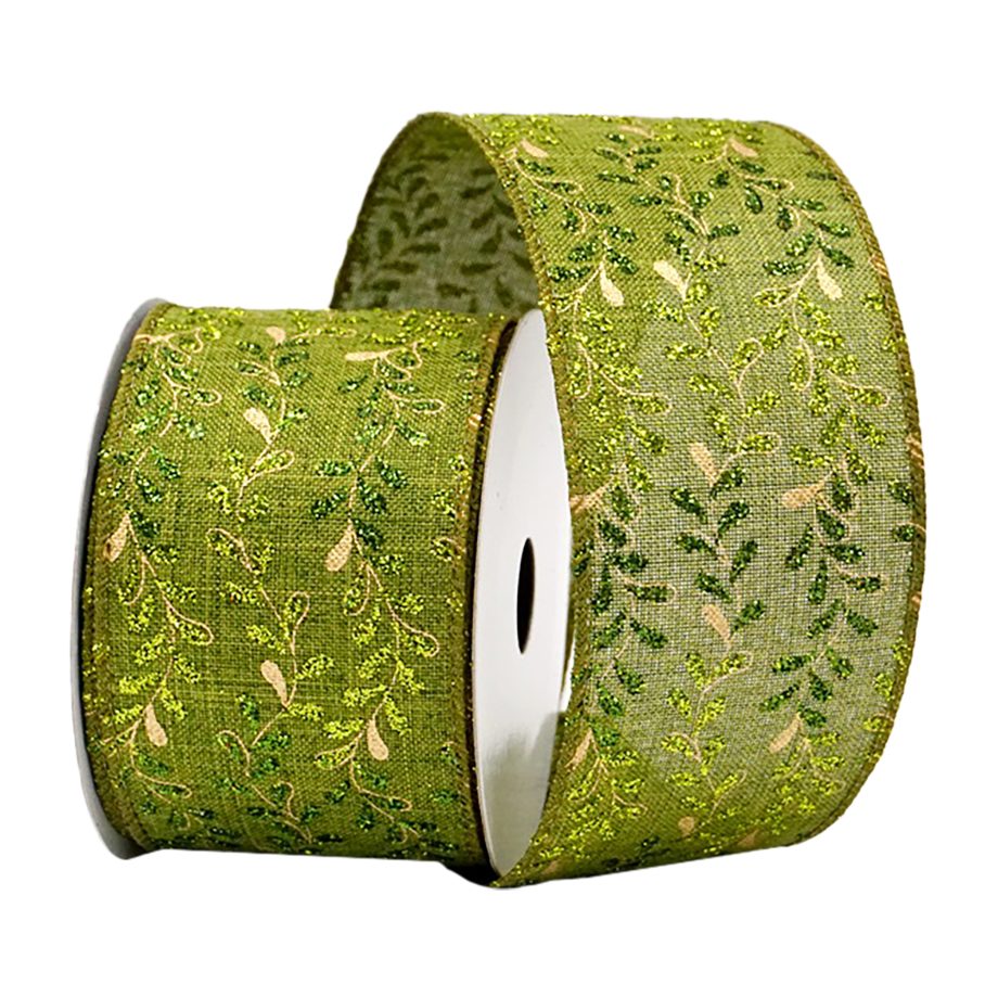 WIRED RIBBON 2.5"X10 YDS. OLIVE GREEN W/ GOLD FLORAL LEAF VINES