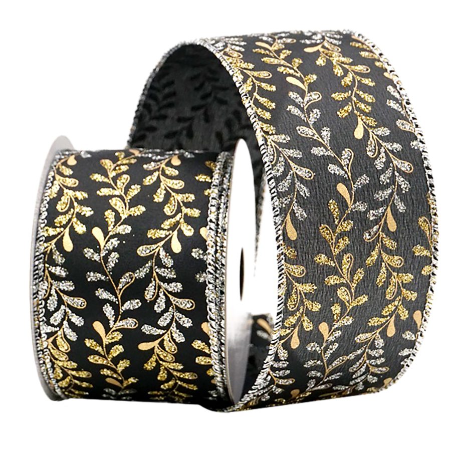 WIRED RIBBON 2.5"X10 YDS. BLACK W/ GOLD/SILVER FLORAL LEAF VINES