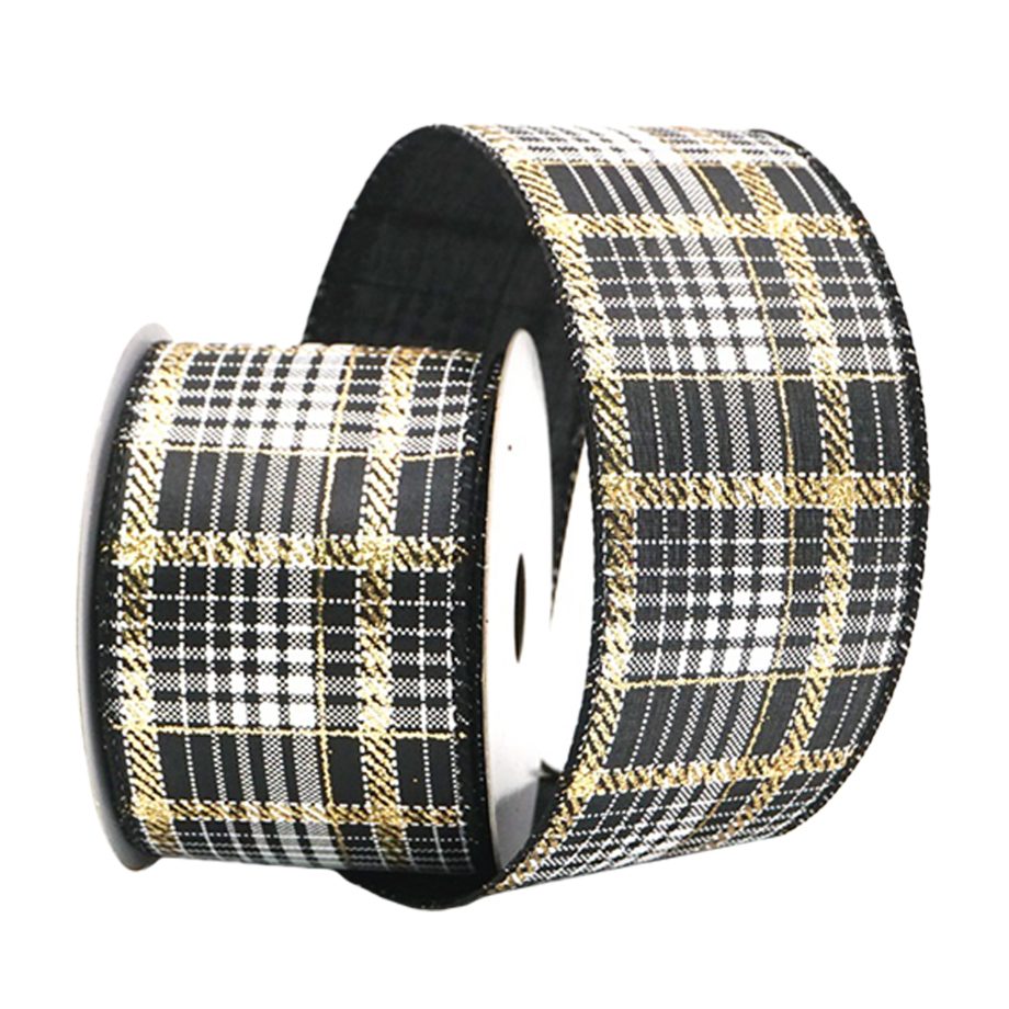 WIRED RIBBON 2.5"X10 YDS. BLACK W/ WHITE & GOLD PLAID PATTERN