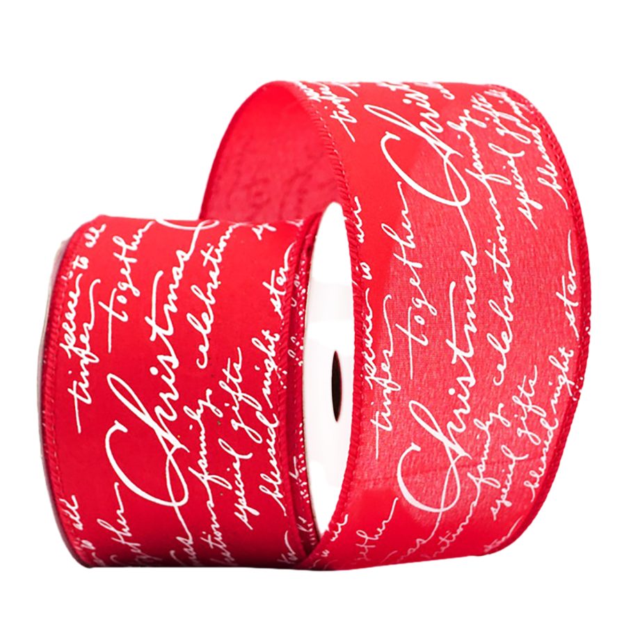 WIRED RIBBON 2.5"X10 YDS. DEEP RED W/ WHITE CHRISTMAS WRITTINGS