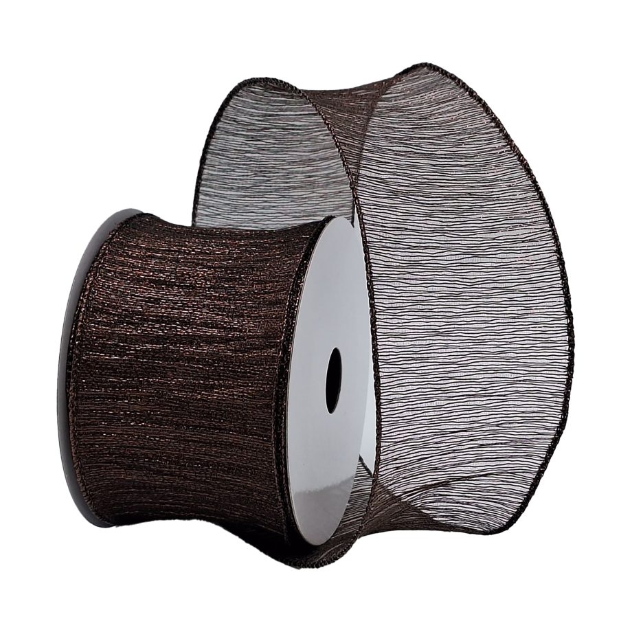 WIRED RIBBON 2.5"X10 YDS. DK. BROWN SHEER WOVEN LIKE RUFFLES