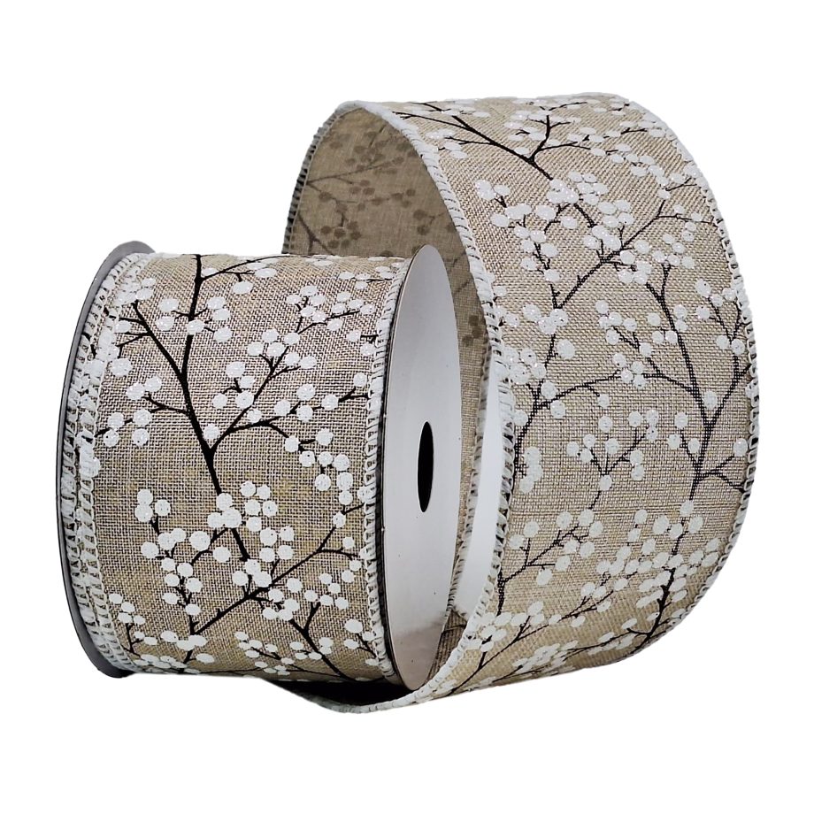 WIRED RIBBON 2.5"X10 YDS. NATURAL W/ CLUSTER WHITE BERRIES