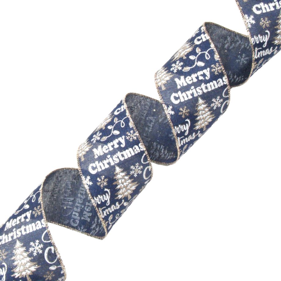 WIRED RIBBON 2.5" X 10 YDS. NAVY BLUE BURLAP W "MERRY CHRISTMAS", TREE & SNOWFLAKE
