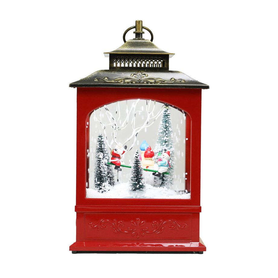 RETRO LANTERN W/ SANTA & SNOWMAN SEE-SAW SNOWING SCENE 17"