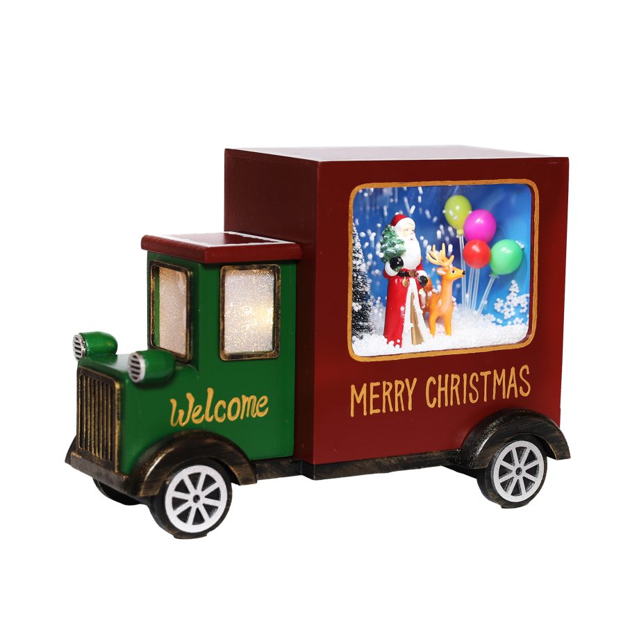 VINTAGE MAIL-POST TRUCK W/ SANTA & REINDEER SNOWING SCENE 8.5"