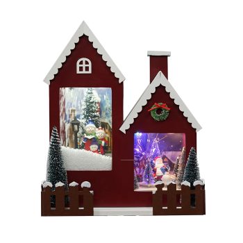 BIRD HOUSE LANTERN W/ SANTA & SNOWMAN VILLAGE SNOWING SCENE 56.5"