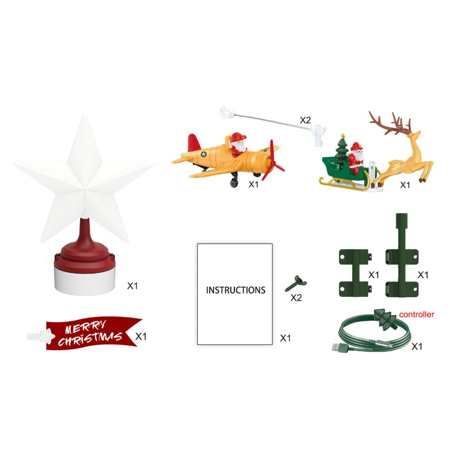 TREE TOPPER - ROTATING PLANE+SLEIGH W/ LIGHTS & MUSIC 12PC 28"X9"X14"USB