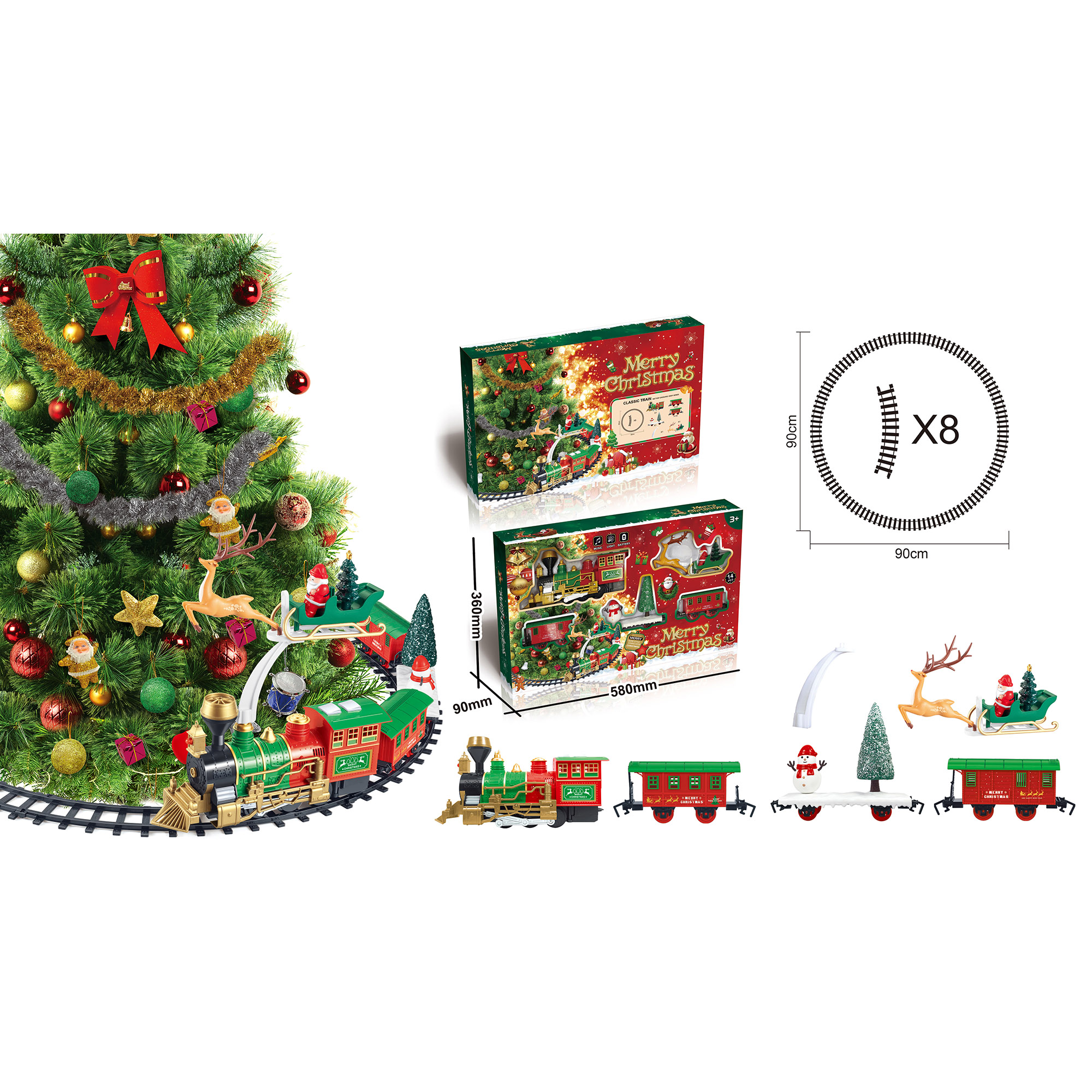 CHRISTMAS TRAIN SET W/ MOVEMENT, MUSIC, LIGHTS & SOUND 14PC B/O 35"X35"