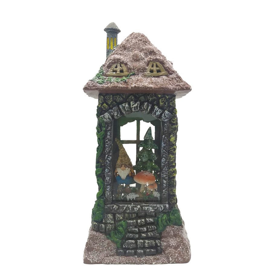 WATER LANTERN GNOME HOUSE W/ROOF VINE 10" W/GLITTER SPINNER, LED LIGHT, B/O