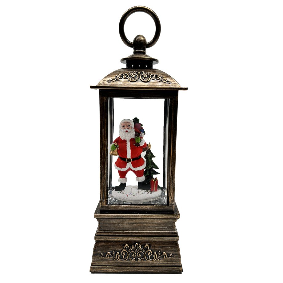 WATER LANTERN VINTAGE W/SANTA & TREE 8.5" W/GLITTER SPINNER, LED LIGHT, B/O