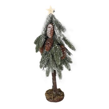 TREE PINE & PINE CONE 20" SNOWED W/ STAR ATOP & WOODEN BASE W/ MOSS