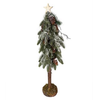 TREE PINE & PINE CONE 28" SNOWED W/ STAR ATOP & WOODEN BASE W/ MOSS