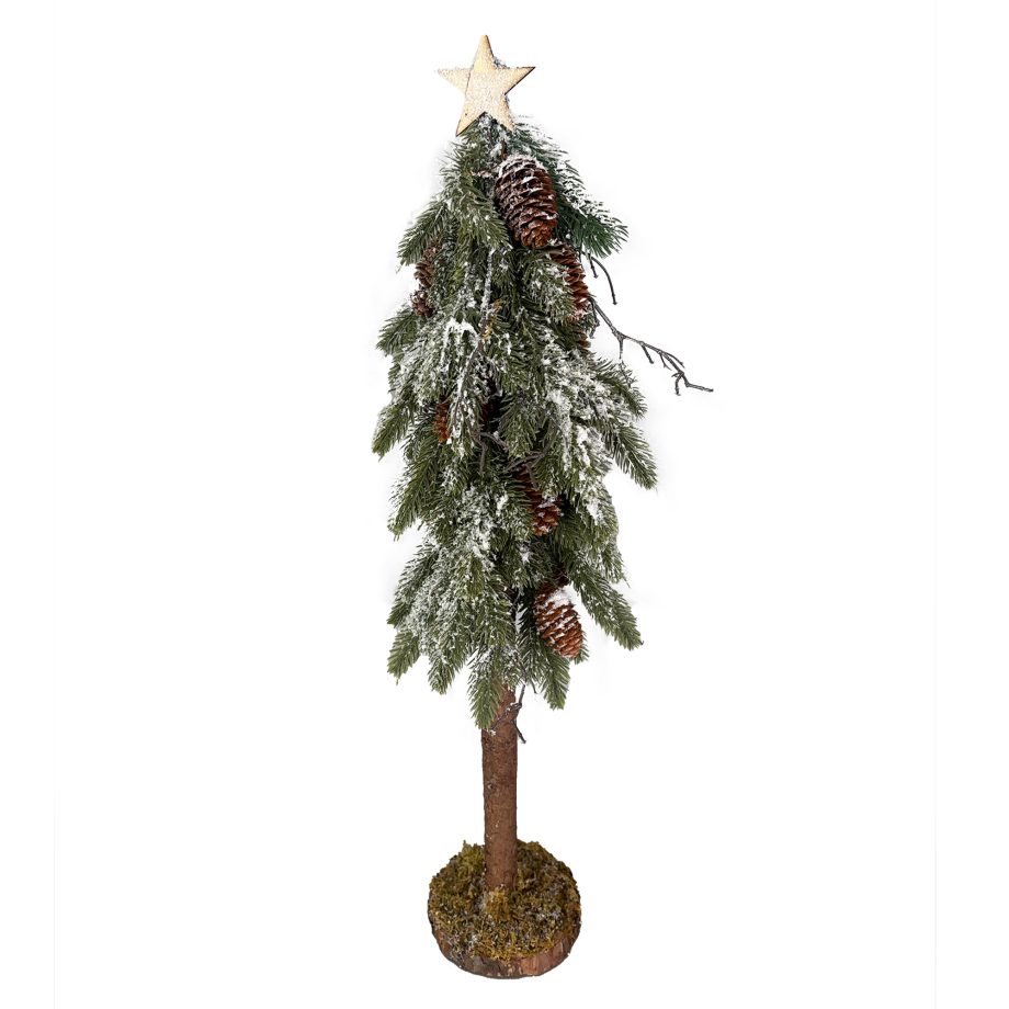 TREE PINE & PINE CONE 28" SNOWED W/ STAR ATOP & WOODEN BASE W/ MOSS