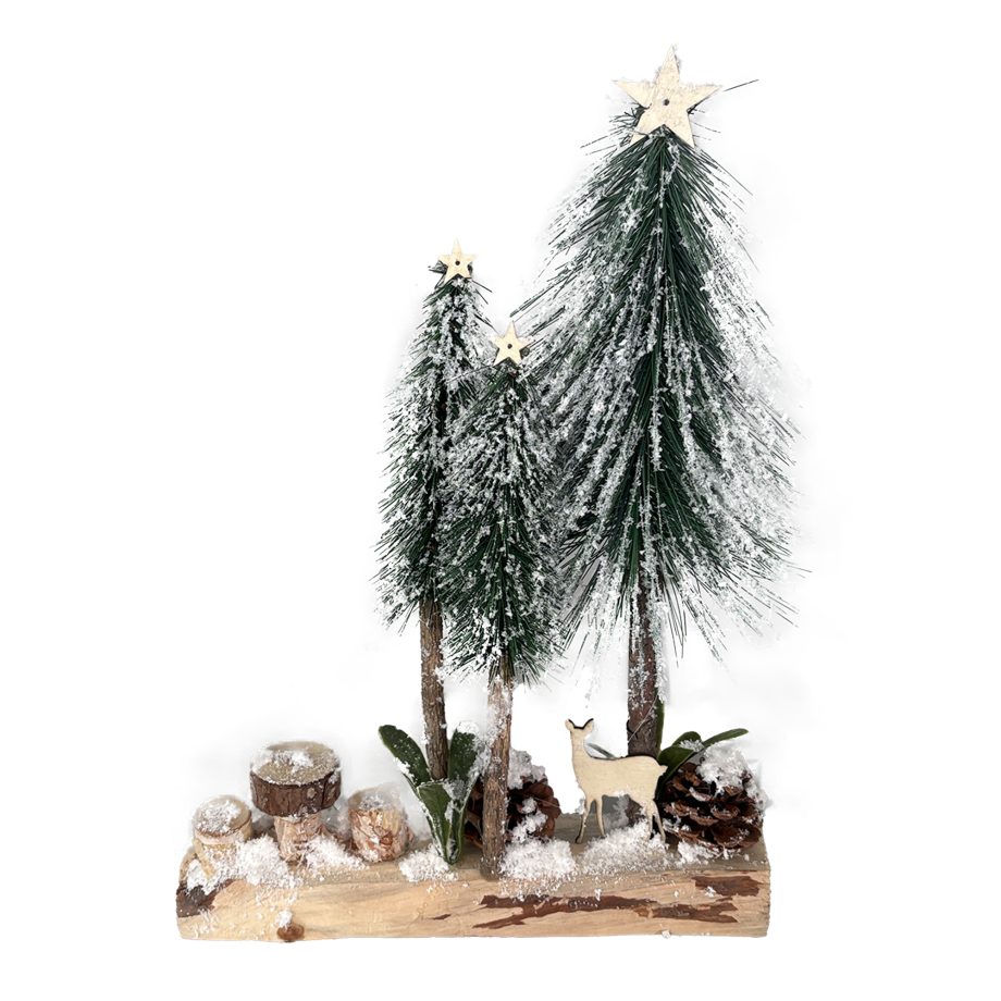 TABLE DECOR NEEDLE PINE TREES 15.5" W/ WOODEN WINTER SCENE BASE