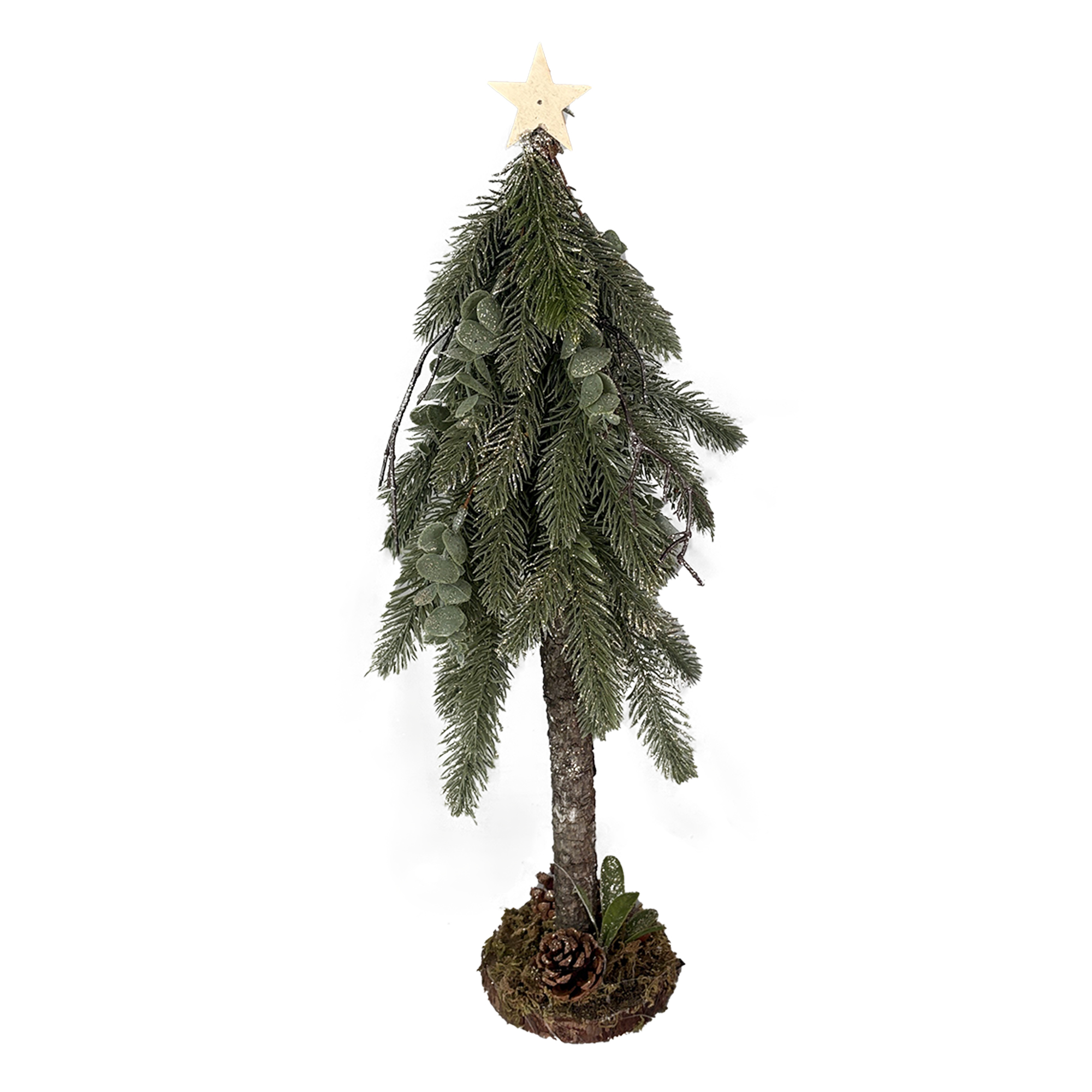 TREE PINE & EUCALYPTUS 20" GLITTER W/ STAR ATOP, WOODEN BASE W/ MOSS & PINE CONE