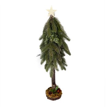 TREE PINE & EUCALYPTUS 24" GLITTER W/ STAR ATOP, WOODEN BASE W/ MOSS & PINE CONE