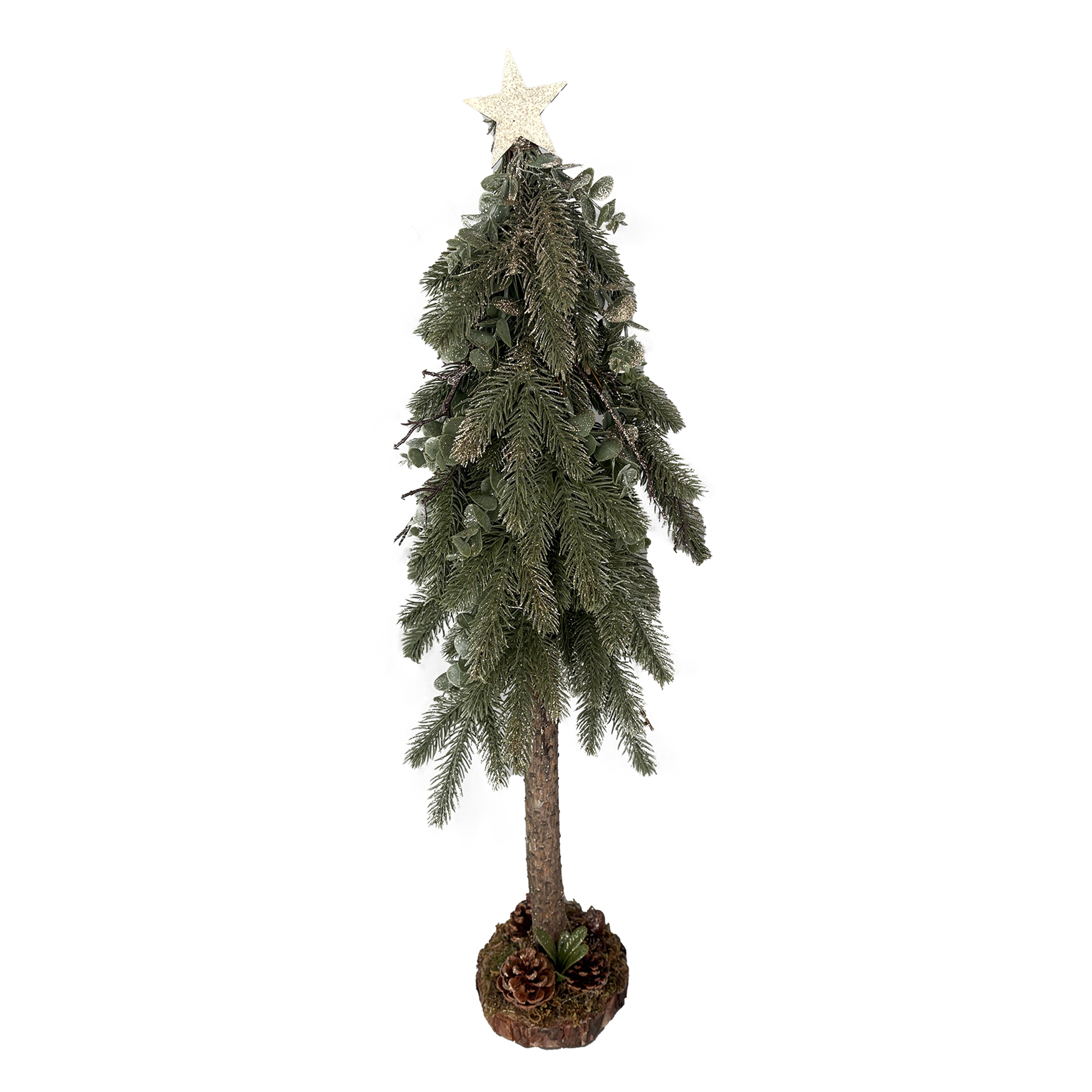 TREE PINE & EUCALYPTUS 28" GLITTER W/ STAR ATOP, WOODEN BASE W/ MOSS & PINE CONE