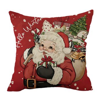CUSHION DECORATIVE 16"X16" VINTAGE SANTA W/ GIFTS, SNOWFLAKES & "HELLO WINTER"