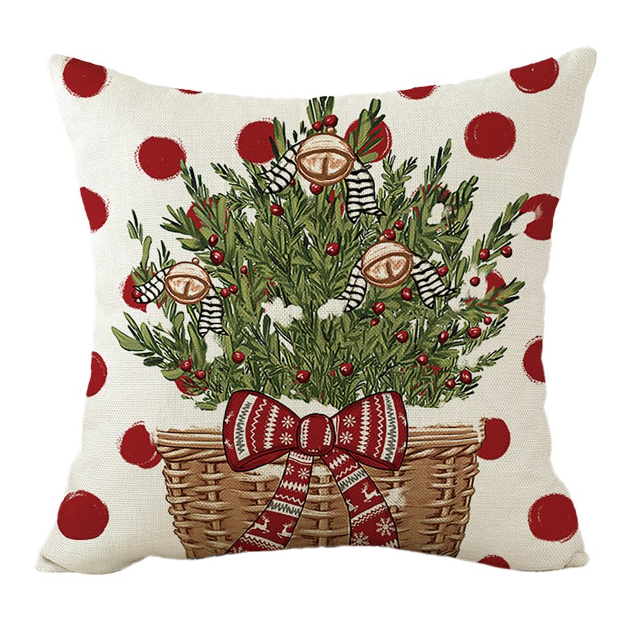 CUSHION DECORATIVE 16"X16" TREE IN BASKET WITH RED POLKA DOTS & RIBBON
