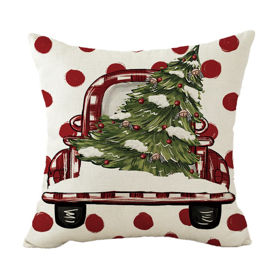 CUSHION DECORATIVE 16"X16" VINTAGE RED TRUCK W/ TREE, SNOW, & RED BERRIES