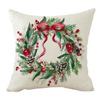 CUSHION DECORATIVE 16"X16" WREATH W/ GREENERY, RED RIBBON, BERRIES, & PINE CONE