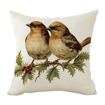 CUSHION DECORATIVE 16"X16" VINTAGE-STYLE SPARROWS ON HOLLY BRANCH