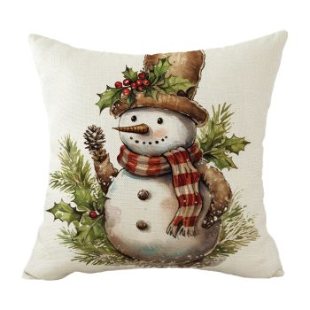 CUSHION DECORATIVE 16"X16" SNOWMAN W/ HAT, STRIPED SCARF, & HOLLY SPRIGS