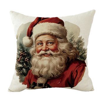 CUSHION DECORATIVE 16"X16" JOLLY SANTA W/ RED COAT & EVERGREEN SPRIG