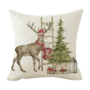 CUSHION DECORATIVE 16"X16" DEER WITH SANTA HAT, SCARF, & TREE BACKGROUND