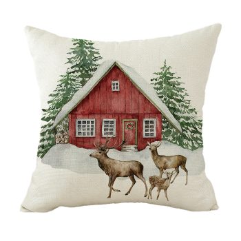 CUSHION DECORATIVE 16"X16" RED CABIN W/ SNOW, DEER, & EVERGREEN TREES