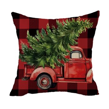 CUSHION DECORATIVE 16"X16" RED TRUCK W/ TREE ON BUFFALO PLAID BACKGROUND