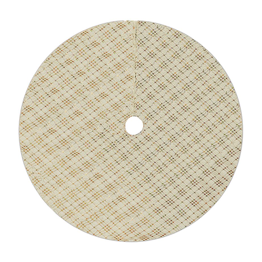 TREE SKIRT 48" IVORY/GOLD METALLIC PLAID FAUX FUR