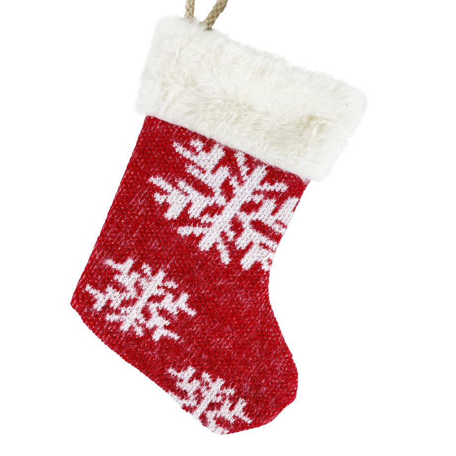 STOCKING FABRIC 10" WHITE/RED W/ FUR TRIM & SNOWFLAKE PATTERN