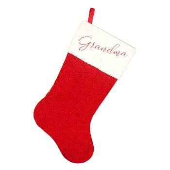STOCKING 20.5" RED/WHITE CABLE KNIT W/FAUX FUR CUFF & EMBROIDERY GRADMA