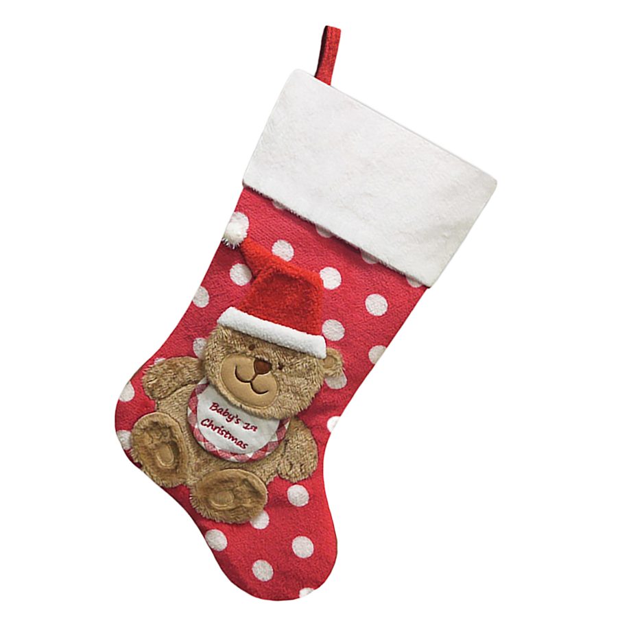 STOCKING 20.5" RED/WHITE FAUX FUR W/DIMENSIONAL FAUX FUR BEAR DESIGN