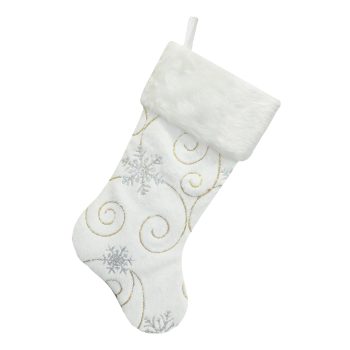 STOCKING 20.5" SILVER/GOLD/WHITE SEQUIN SNOWFLAKE FAUX FUR W/FAUX FUR CUFF